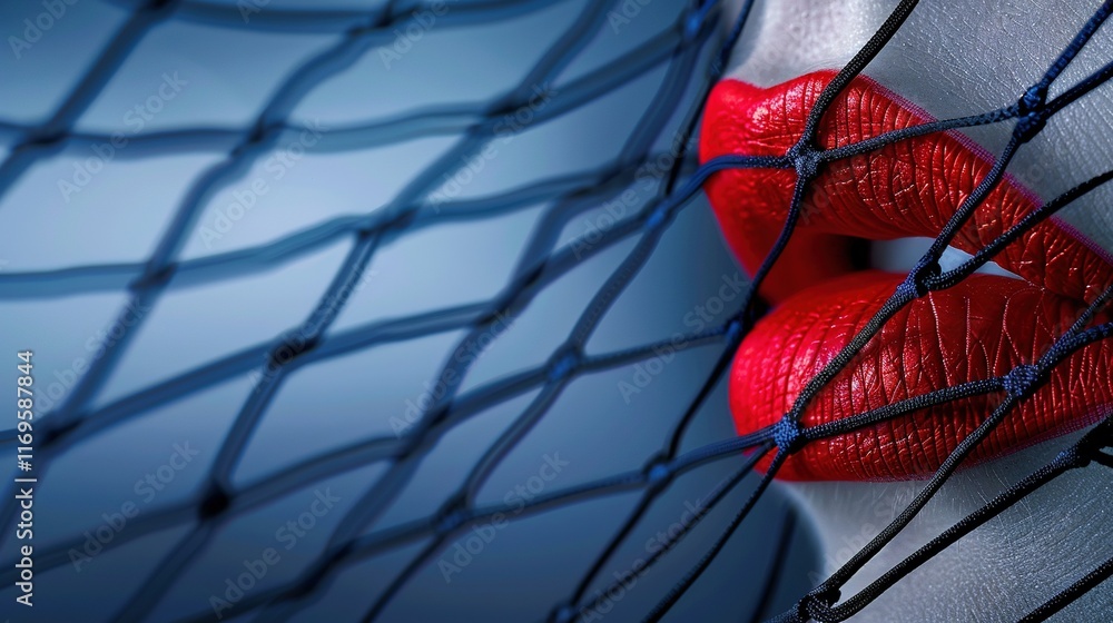 Poster a close-up of a net with a pair of red lips protruding from the top of the mesh fabric