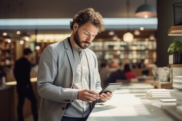 Man Shopping with Smartphone in Grocery Store. Generative ai