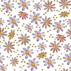 Fototapeta premium Watercolor seamless pattern with delicate daisies and scattered dots on a white background. Perfect for creating feminine and cheerful designs for textiles, wallpapers, and packaging.