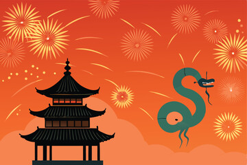 Fototapeta premium Illustration of a black pagoda with a green snake zodiac sign and fireworks against an orange sky.