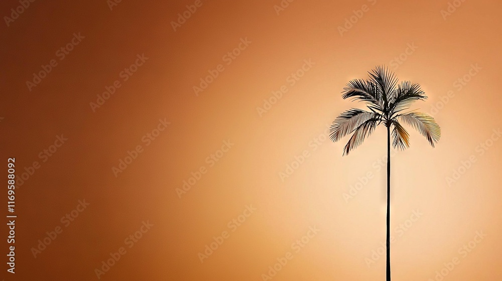 Poster an image of a solitary palm tree set against a backdrop of vibrant oranges and yellows, with a glowi