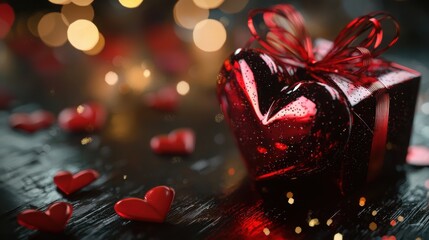 A beautifully wrapped heart-shaped gift box in red with a shiny bow, surrounded by scattered heart decorations creating a romantic atmosphere.