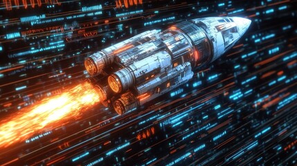 Spaceship speeding through digital stream.