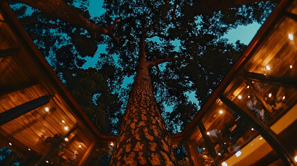 Obraz premium Low-angle view of a large tree growing through a building's glass ceiling at night.