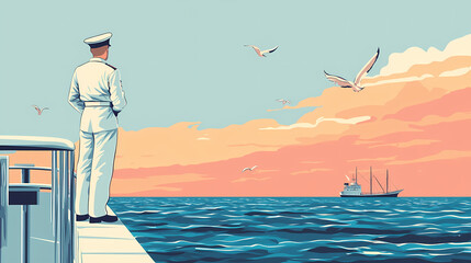 Naklejka premium A sailor standing on the deck of a ship, gazing at the horizon with determination, light solid color background. Seafarer. Illustration