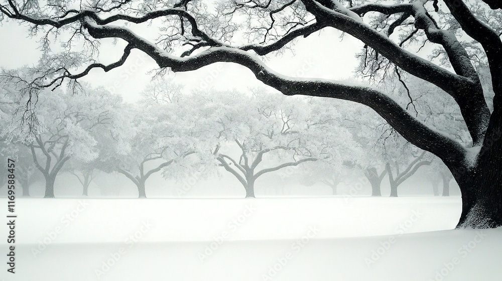 Poster a monochrome picture of a snowy meadow featuring a prominent tree in the foreground and a line of tr
