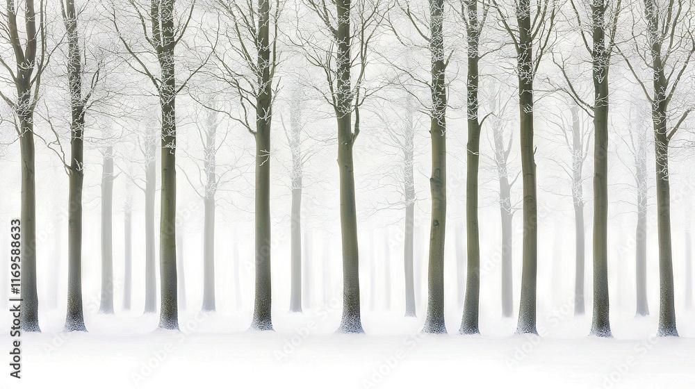 Poster a cluster of trees amidst snowfall, displaying pure white snow on the surrounding terrain and tree t
