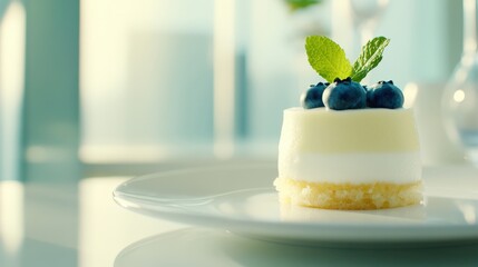 Elegant dessert with creamy layers topped with fresh blueberries and mint leaves on a white plate, AI