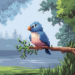 Pixel art of a blue bird spreading its wings on a branch against a cloudy night sky.