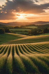 Obraz premium Rural landscape at sunset with rows of crops and hills.