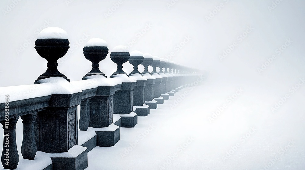 Poster a monochromatic image of a streetlight row with snow covering both posts