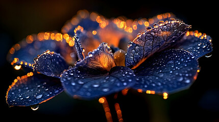 Dew-kissed dark blue flower petals glowing.