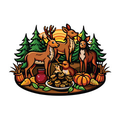 Forest animals deer rabbits squirrels sharing food together in forest.