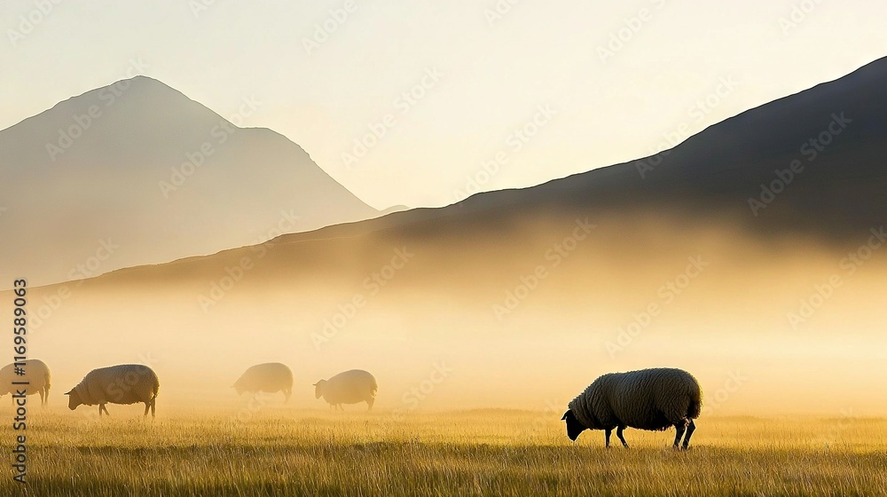 Poster a flock of sheep grazes in a meadow before a hazy mountain range