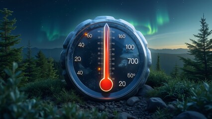 Giant Thermometer in Mountain Landscape at Night with Aurora Borealis
