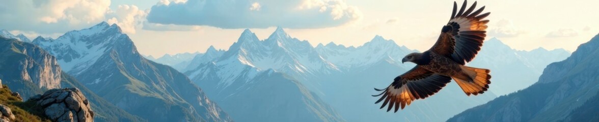 Majestic hawk in flight over majestic mountains, panoramic, bird, outdoor