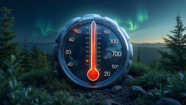 Giant Thermometer in Mountain Landscape at Night with Aurora Borealis