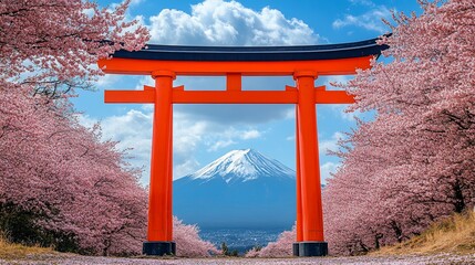 Spring Mount Fuji view through torii gate, cherry blossoms