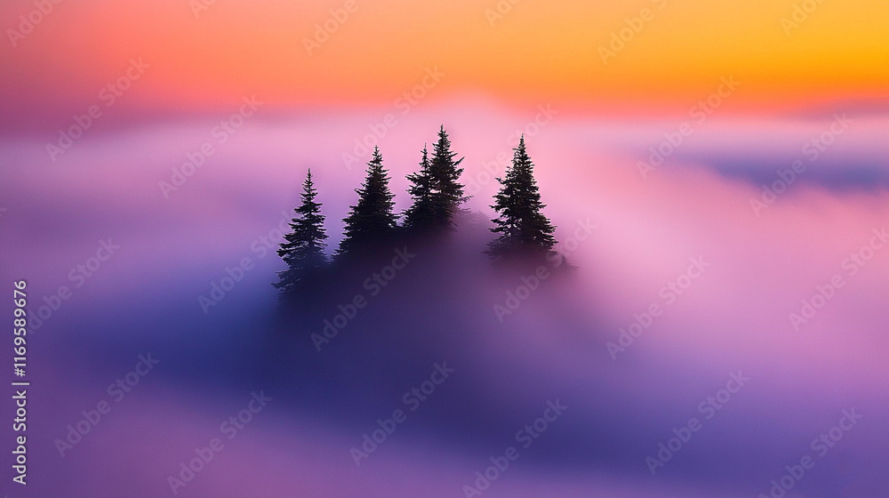 Poster a cluster of trees perched atop a hazy hill during midday with an enchanting sunset in the backdrop