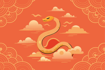 Obraz premium A golden snake flying in the clouds on a red background with a repeating pattern in the corners.