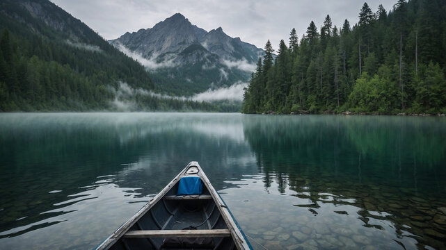 fog in natural peaceful pine trees with a canoe on calm waters - Powered by Adobe
