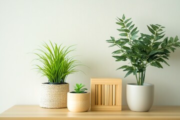 Obraz premium Sustainable home decor with plants on wooden shelf