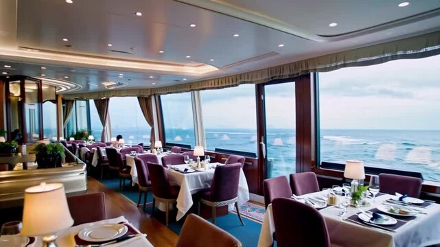 Luxury restaurant on a cruise ship, showcasing elegant dining spaces and ocean views, captured in a seamless, smooth 4K video loop.