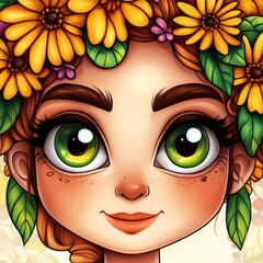 Obraz premium A whimsical illustration of a girl with a floral crown, featuring vibrant colors and expressive eyes.
