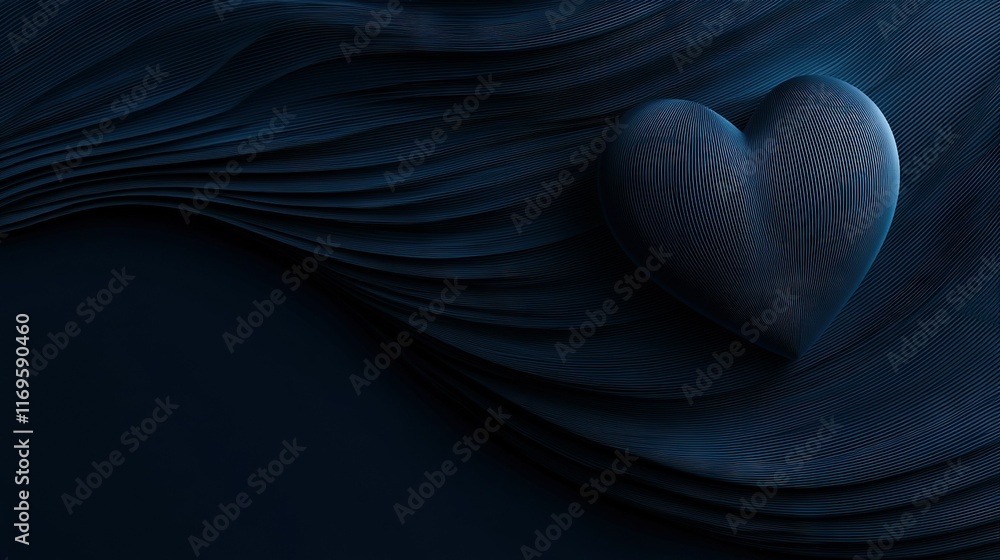 Poster a heart-shaped object sits atop a wave of deep blue fabric with a subtle reflection shining on its s