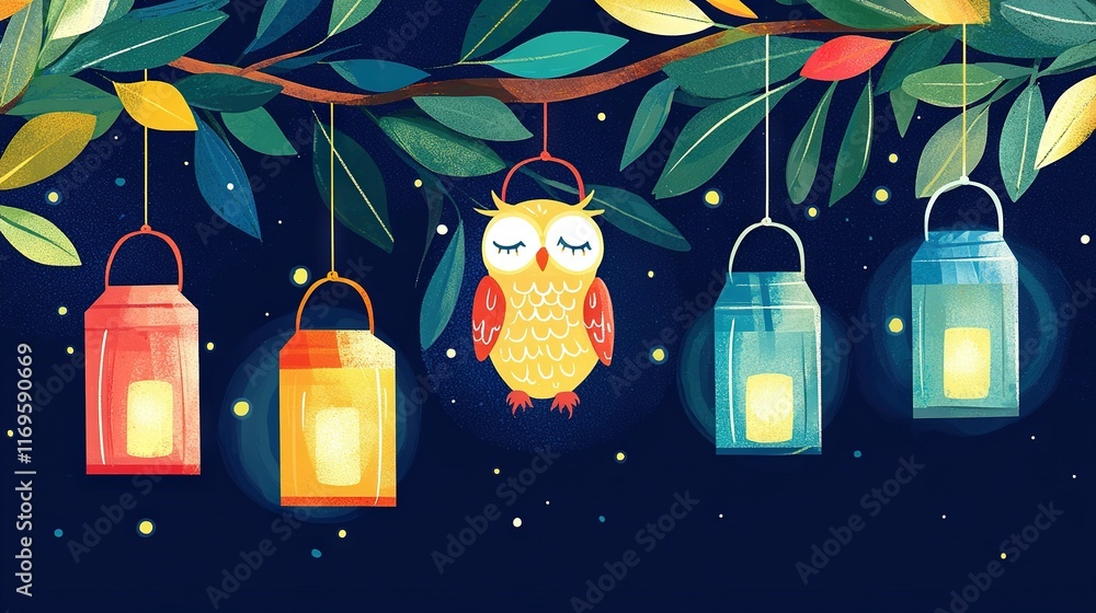 Poster three owls perch on a tree branch at night, each with a lantern dangling from its limbs