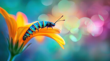   Caterpillar on yellow flower with blurry boke, focus on subject
