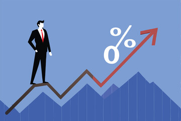 A businessman stands on a line graph as interest rates rise.