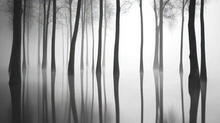 Flooded Forest Trees Reflecting In Misty Water