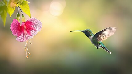 Fototapeta premium A hummingbird flitting near a pink blossom and a green-pink bloom dangling from its branch