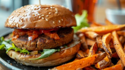 Delicious vegan burger with sweet potato fries on wooden board