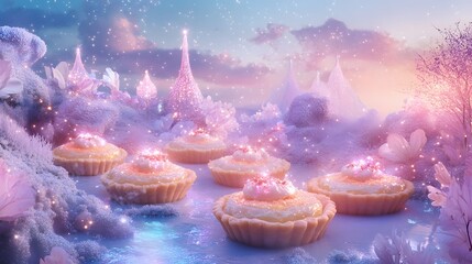 A Dreamy Whimsical Landscape of Custard Tarts Illuminated by Magical Sparkles and Colors