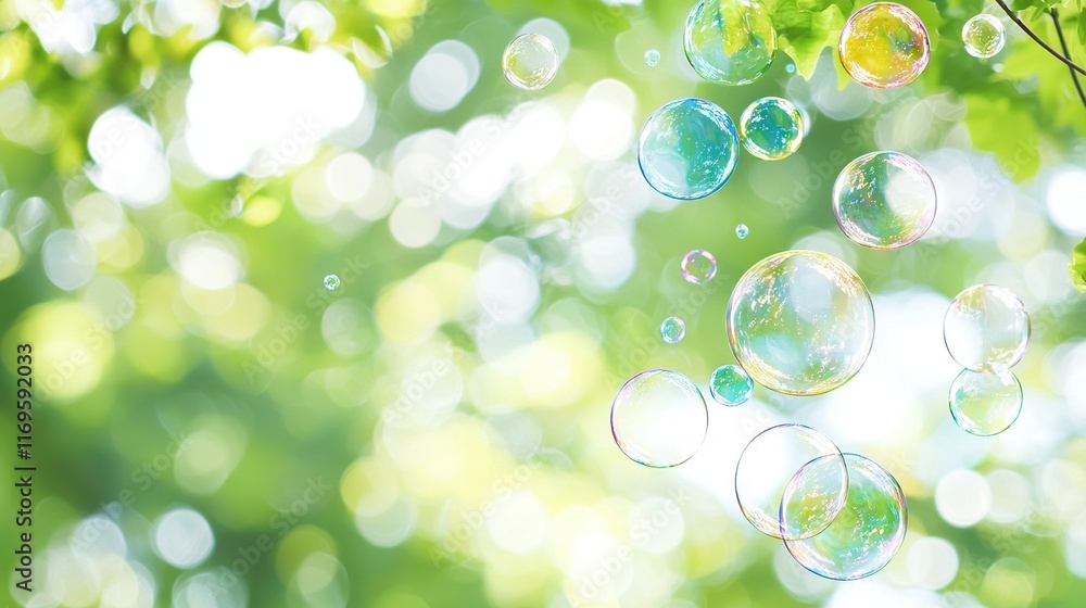 Poster a blurry green background with soap bubbles floating in the air on a tree branch