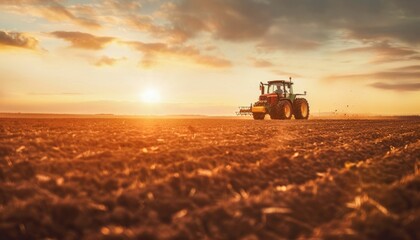 Fototapeta premium Sunset Over the Farmland with Tractor at Work. Generative ai