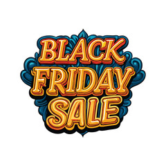 Black Friday sale text with bold yellow letters on a blue background, decorated with swirls.