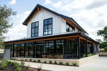 Fototapeta premium Modern architectural design of a spacious building with large windows and outdoor seating in a natural setting during daylight hours