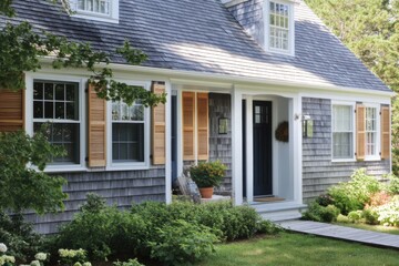 A lovely gray-shingled cottage features a cozy welcoming porch and beautiful, lush landscaping, basking in the sunshine within a peaceful neighborhood setting