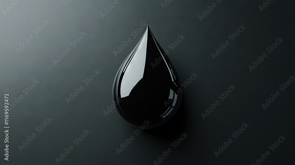 Poster a close-up of a black object on a gray background with a droplet of water centered
