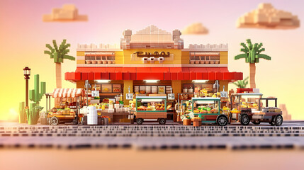 Fototapeta premium Sunset view of a vibrant marketplace with various food stalls and carts.