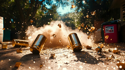Golden canisters explode, scattering metallic fragments amidst dust and sunlight.