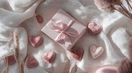 A beautifully wrapped gift box with a pink ribbon surrounded by soft heart-shaped decorations on a textured white cloth, creating a romantic atmosphere.