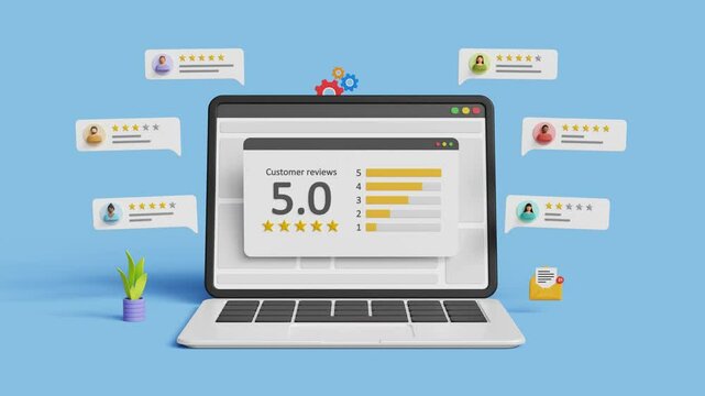 Customer feedback, user experience, client rating or review. Online survey and opinion, evaluation, product, services feedback. 3D laptop with 5 stars rating, users comments. 4K 3D video animation