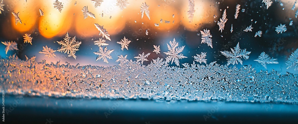 Poster frost patterns on a window pane with bokeh background.