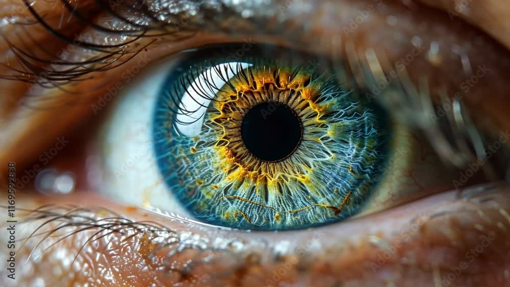 Poster a close-up view showcases the vibrant colors and patterns of a human eye. the intricate details high