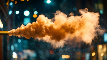 Orange smoke plume billowing from a tube at night.
