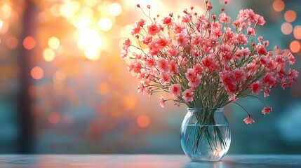   A vase brimming with pink blossoms resting atop a table beside a hazy light source